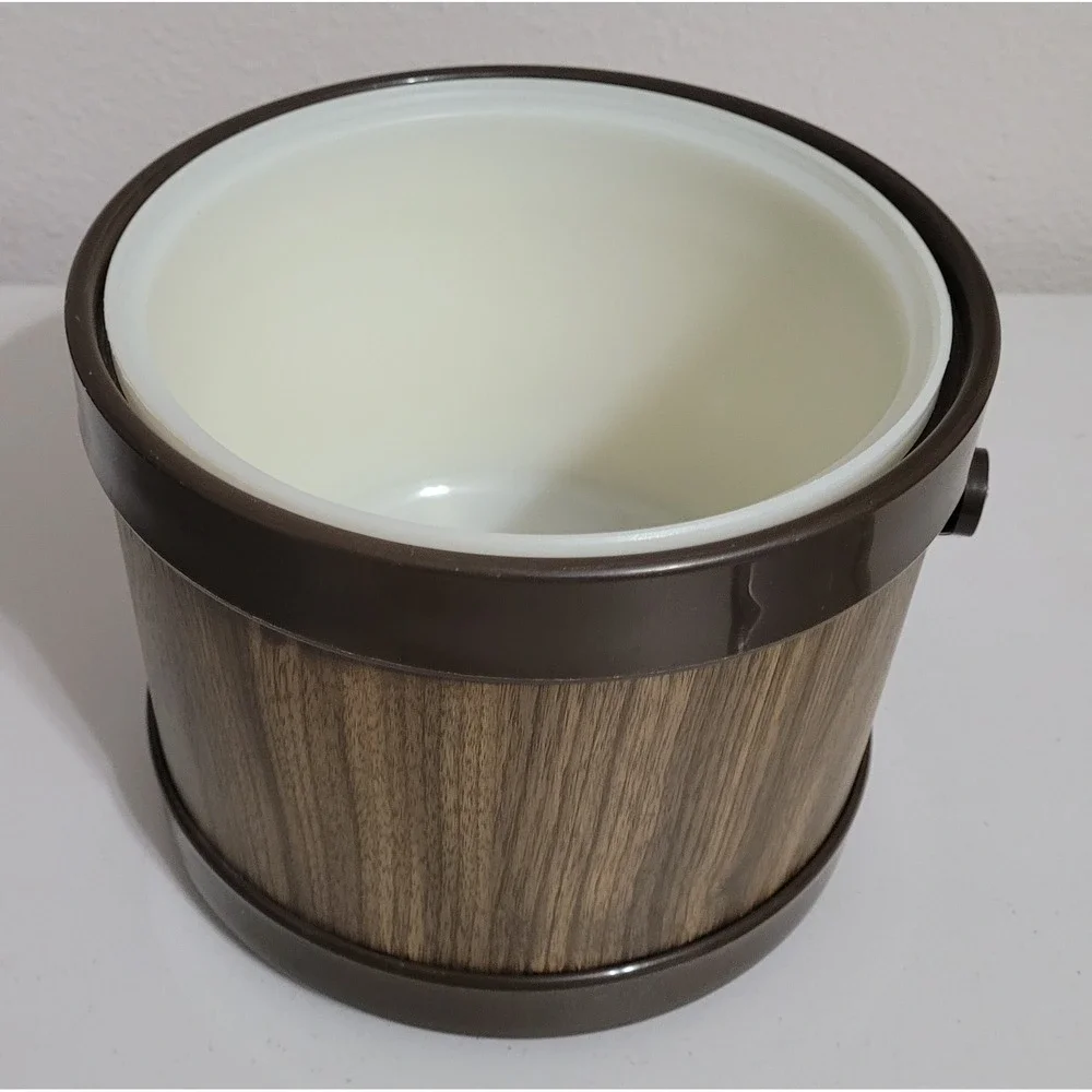 Atapco Vintage Insulated Ice Bucket Faux Wood Grain Chrome Lid Brown MCM Barware